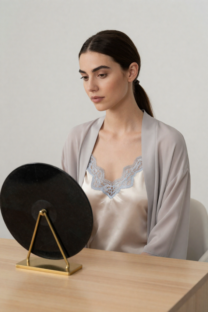 Fictional 29-year-old woman in an ivory silk slip dress seated at a desk with a completely blank black onyx disc at FuliPoker